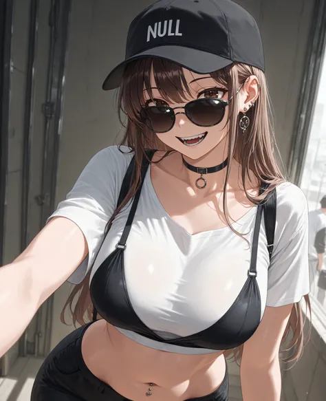 masterpiece,best quality,great quality,Absard Dress, newline
1girl, baseball cap, black  above Decorati has , blue null, chest, brown eyes, brown hair, choker, chest元, cropped  shirt,Commentary,  above Decorati has , large chest, long hair, watching viewer...