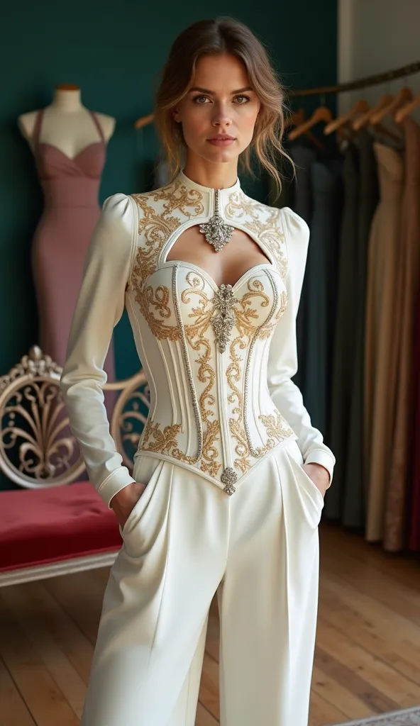 A woman wearing an elegant white jumpsuit with a modest corset-style bodice. The corset is structured with vertical boning, creating a sculpted yet refined silhouette. It features intricate gold baroque embroidery, with swirling acanthus leaves, floral mot...