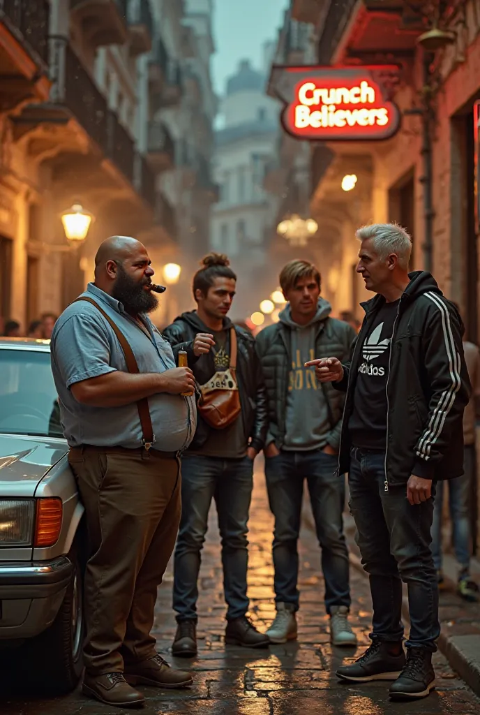 A cinematic, hyper-realistic scene set in the heart of a European city at night, with a vintage aesthetic. The atmosphere is lively, with narrow cobblestone streets filled with people engaged in conversation and drinking. The surrounding old buildings exhi...