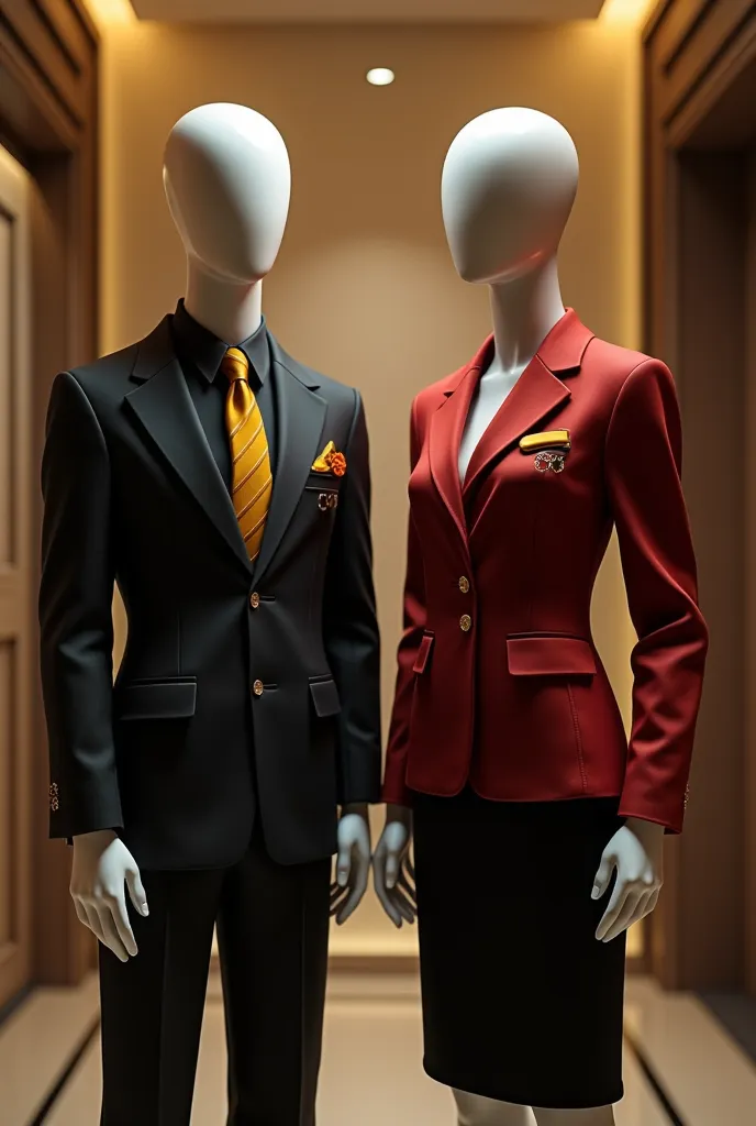 Create a mannequin in the uniforms of the staff working inside the luxury hotel, and ask them to control the tone, black, red, yellow and separate the male and female into two outfits.