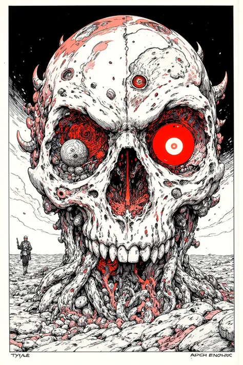 The skull of a red-eyed giant is buried in the desert,There is an Ukiyo-e of a man standing on that skull,skull painting,Red skull nose, detailed cover art ,Black Details ,Scary works, Exorcist ,abstract and abstract sky, mystical horror art , burning brig...