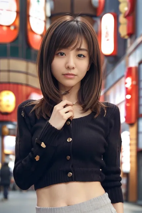 Product quality, 1 girl, Cowboy Shot, Front view, Young and pretty girl in Japan, At night, Wearing a knitted sweater, Wearing a mini skirt, (View your audience:1.2), (Looking into the camera:1.5), ((In the city of Ginza:1.5)), Super cute face, Glossy Lips...