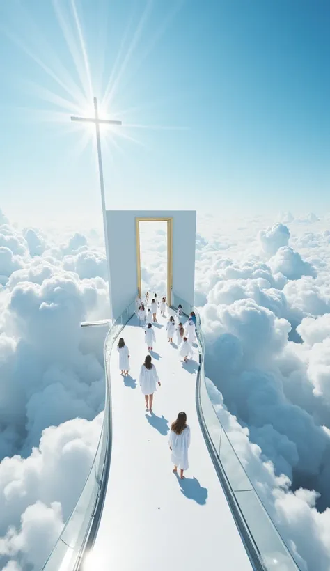 A breathtaking, hyper-realistic scene of a modern, celestial pathway suspended in the sky, curving gently to the right, leading to a towering, luminous golden and white entrance. The pathway is sleek and pristine, with embedded floor lights and transparent...