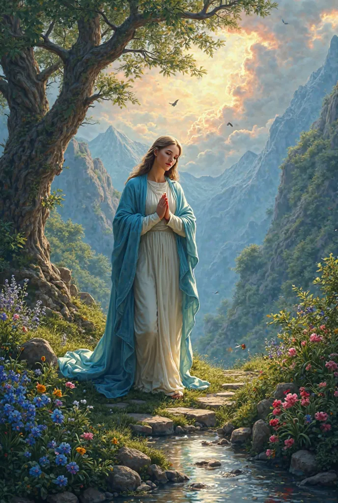 Create Our Lady walking in a garden surrounded by very strong and frayed green trees blue frores purple pink and yellow Our Lady walks through the trees looking seriously and happy on the horizon mountains and clouds with immense spiral shapes in the garde...