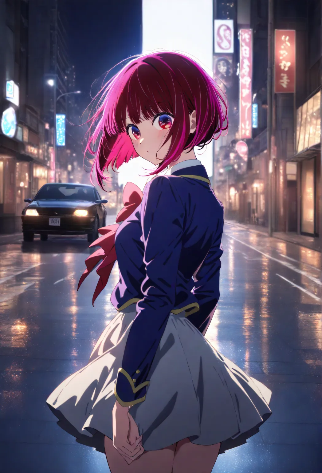 1girl, 1girl, arima kana, oshi no ko,school_uniform, sensitive,solo,city street,empty street,night,back,looking viewer,s(cared),balck car next to her, perfect hands, perfect face, masterpiece, high score, great score, absurdres