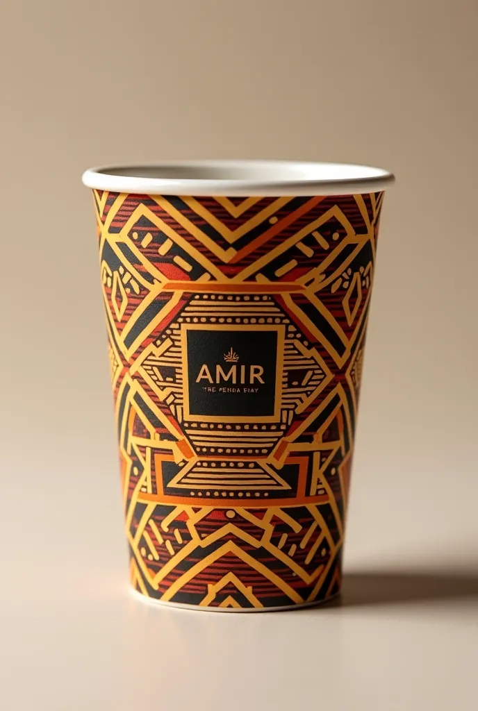 Generate a coffee cup with the patterns of the Tiébélé boxes from Burkina Faso on the cup. Add a logo with the name Amir