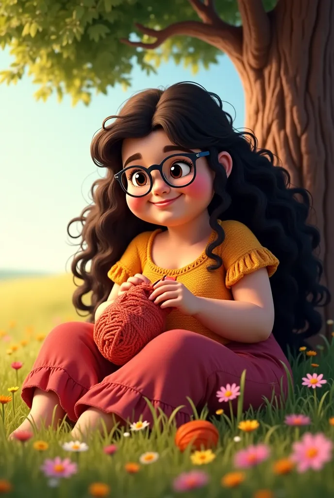 Create a Pixar or Disney style image, Of a fat girl with long curly hair,  Dark brown , she wears glasses and is crocheting. She is sitting under a tree in a flowery field, The wind beats in your hair 


