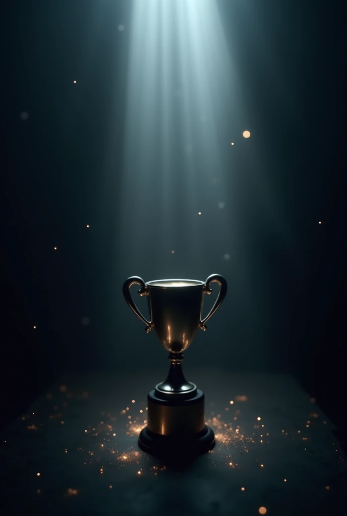 A mysterious and intriguing image with a dark background and a beam of light shining behind an object partially covered by a veil or shadow, suggesting something about to be revealed.  in the center, a subtle silhouette of a trophy, only slightly illuminat...