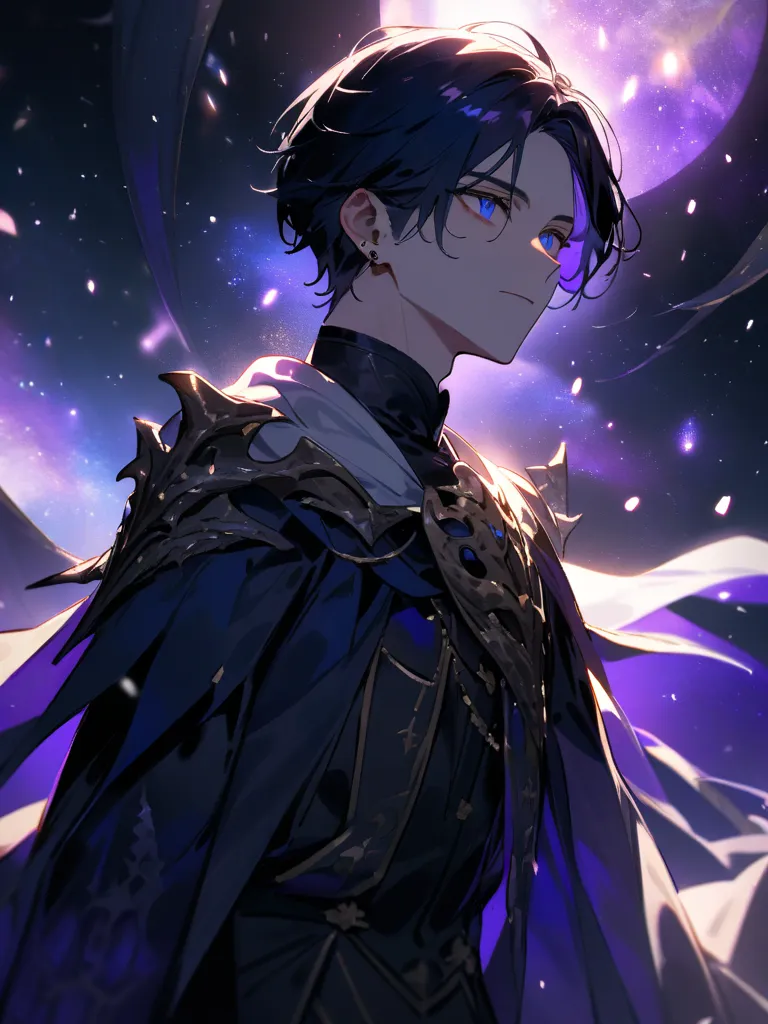 Dark Blue hair, looks like dragon Sharp blue eyes, boys look, white snow skin, thin, dark blue medievel Noble clothes, background violet start galaxy