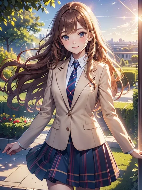 (((masterpiece))), (((best quality))),extremely detailed CG,(lens flare:1.4),the background is school garden,(magnificent view:1.2),(wind),1 girl,solo focus,red wavy hair ,light smile,light makeup,cinematic angle,cowboy shot,Small breasts, school uniform b...