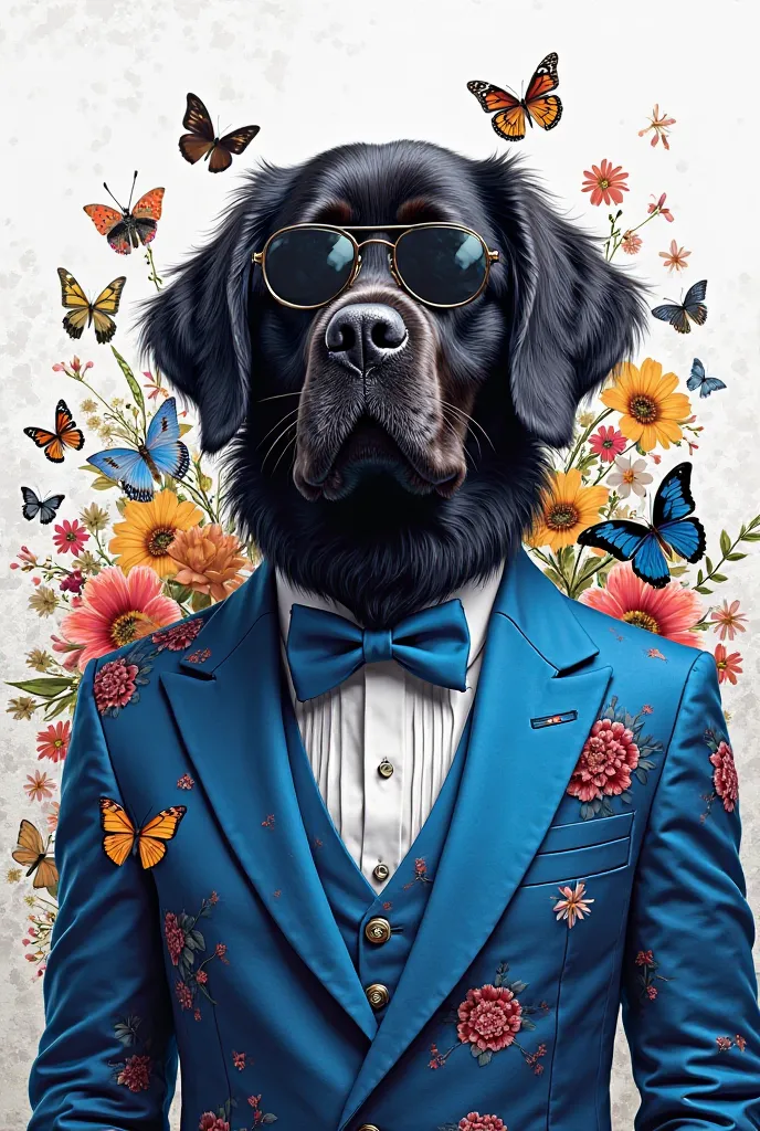 "A hyper-realistic digital illustration of a Newfoundland dog wearing a blue suit fully printed with numerous butterflies, also blue,  clothes with a lot of elegance, wearing a blue bow tie sunglasses with a black translucent lens.The dog has different flo...