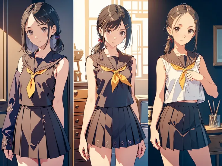 ((hair ornaments)),((hairclips:1.5)), (purple eyes:1.1), (black hair:1.3), (swept bangs:1.4), (forehead:1.7) ,(side pony tails:1.6)
break (sleeveless, sailor suit, uniform:1.5),(miniskirt:1.5),(flat chest:1.6),(skinny legs:1.5),(from below:1.3) 
break indo...