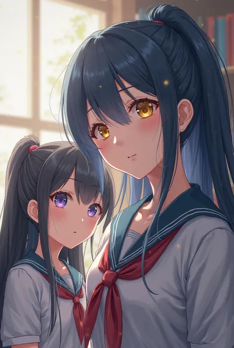 Anime painting 2 school girls. 
The first person with long charcoal blue hair, yellow eyes is female
The second person has dark hair, purple eyes are schoolgirls, to tie a ponytail
Library Background, together they learn the lesson of trying
