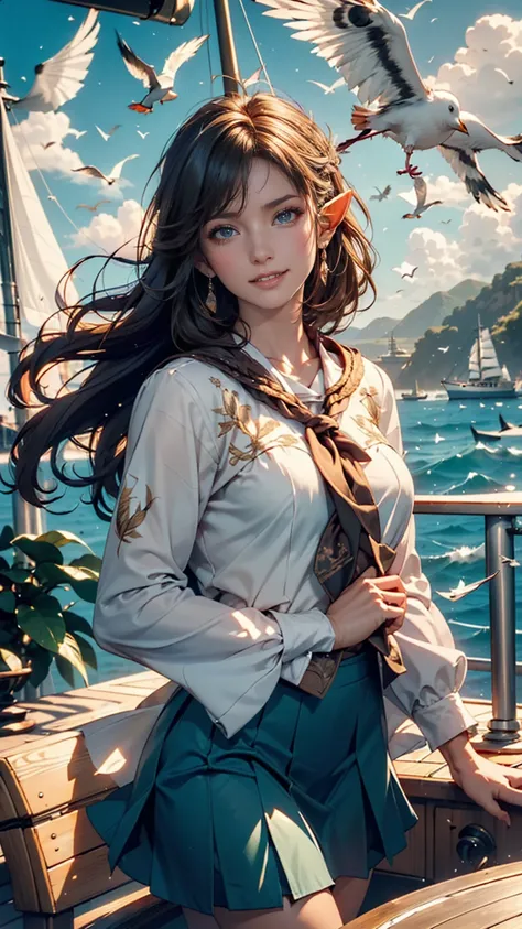 ((( masterpiece, highest quality, high image quality, high detail)))), (((( fantasy))), One, ( elf woman in her 20s)))), ( short skirt with gold embroidery on a white background ), ( long golden straight hair), (Brilliant dark green eyes), ( white ruffle b...