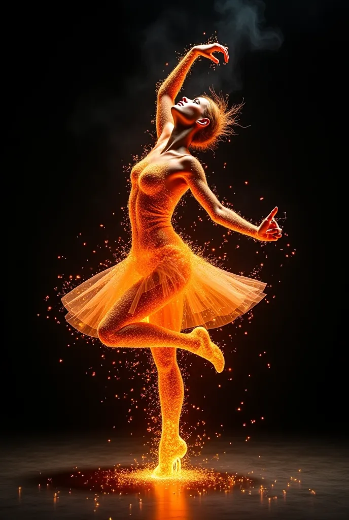 A mystical figure, composed of glowing embers and flickering flames, dances in a dark, endless void. Their movements are fluid and expressive, blending elements of ballet and contemporary dance. With each step, twirl, and motion, embers trail behind, and p...