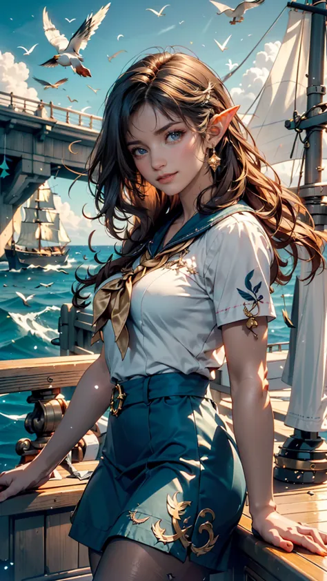 ((( masterpiece, highest quality, high image quality, high detail)))), (((( fantasy))), One, ( elf woman in her 20s)))), ( short skirt with gold embroidery on a white background ), ( long golden straight hair), (Brilliant dark green eyes), ( white ruffle b...