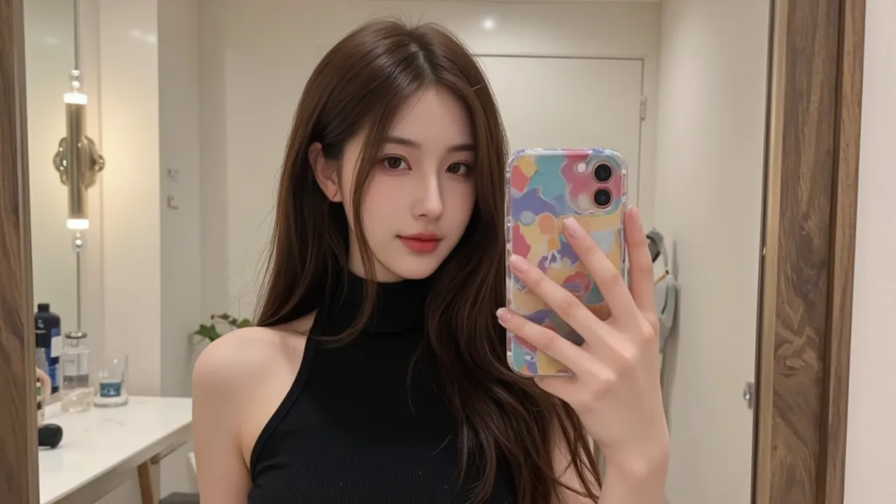 A young Korean idol with long, flowing hair takes a stylish mirror selfie with her iPhone 16, which features a colorful pop-it case. She wears a sleek, black sleeveless high-neck top that enhances her modern and elegant look. Her expression is confident an...