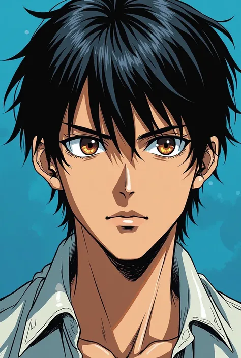 A man with brown eyes and black hair with a blue background
In manga version 