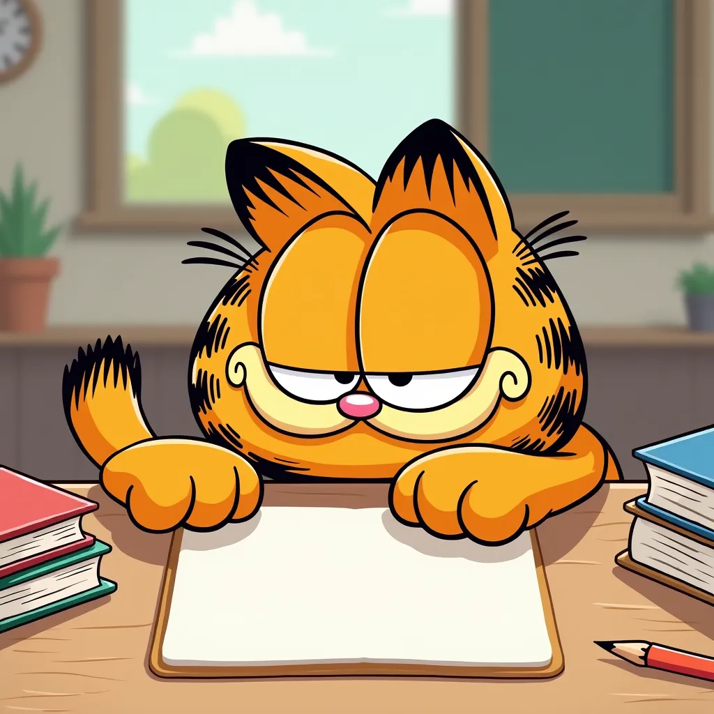 Full-size image cover for a garfield-style school notebook with a small frame on the notebook for writing text.