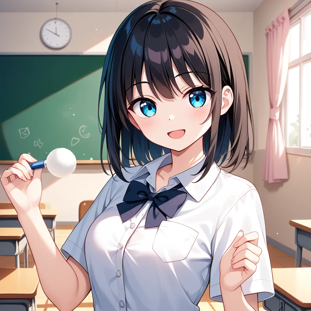 {best quality}, {very aesthetic}, {ultra-detailed}, {best illustration}, {masterpiece}, {detailed beautiful eyes}, {extremely detailed}, nsfw, cute female, standing, medium breasts, school teacher outfit:1.4), classroom:1.3) ,,upper body, (adult, ultra cut...