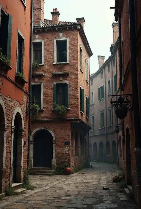 A tiny, three-story house in the middle of a narrow alleyway in a Ghetto in Venice during 1596, it has a weathered brick walls stained and worn from years of exposure. 