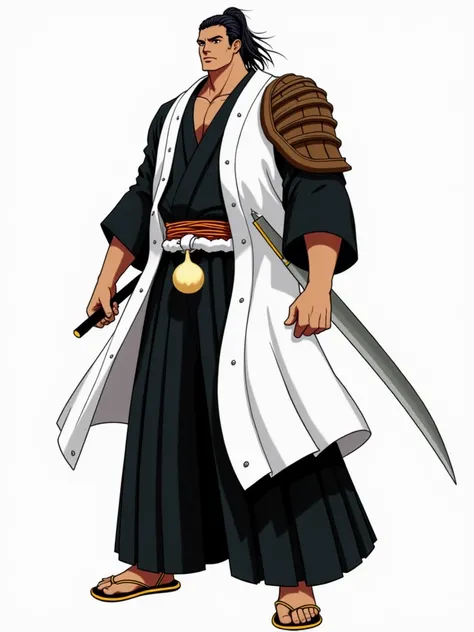 anime style,Tall and athletic man , brown skin,Chilling hair tied,Wide Face,black yukata,brown samurai armbands and shoulder pads,A gourd around the waist,A big and giant sword.