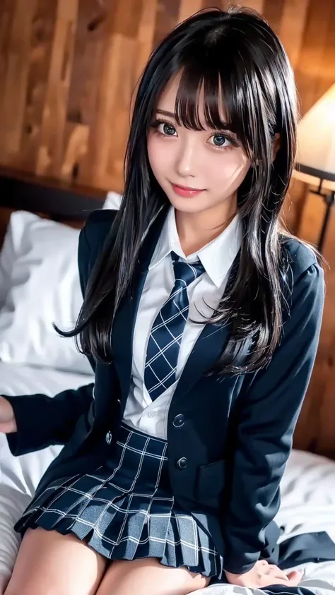 ((masterpiece, highest quality, High Resolution, Ultra High Definition)), Japanese high school girl with black ruffles,(realistic:1.5)、smiles、great face、closed mouth、 sharp mouth、Glossy Lips 、long hair,(beautiful black hair:1.5)、high school uniform,(navy b...