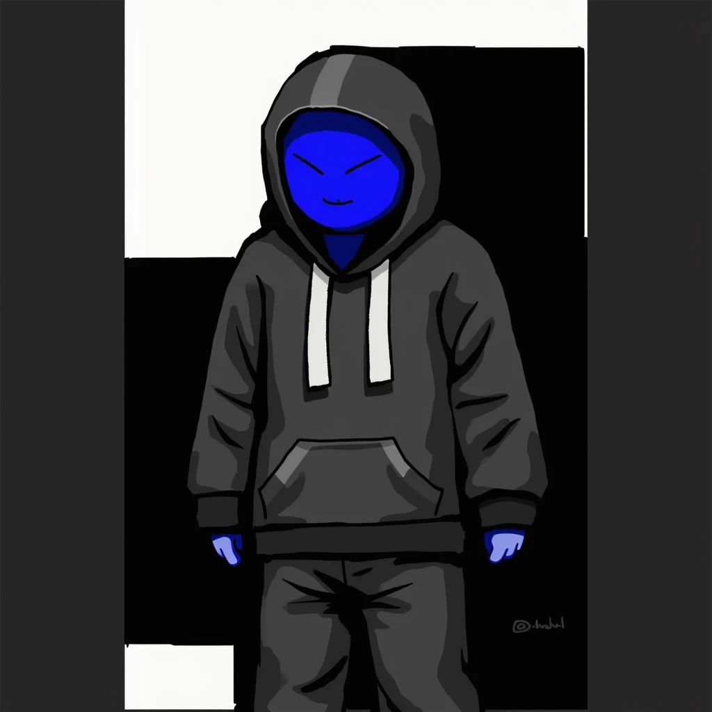 Draw  Blue stick man, with black hoodie with the hood up anf black pants, making angry gesture