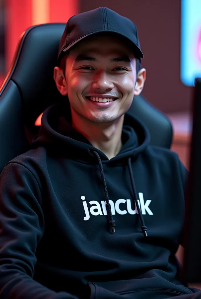 A handsome indonesian man smile,sitting on a gaming chair wearing a dark black polite hoodie , while wearing a black ball cap with the name on the hoodie " jancuk"