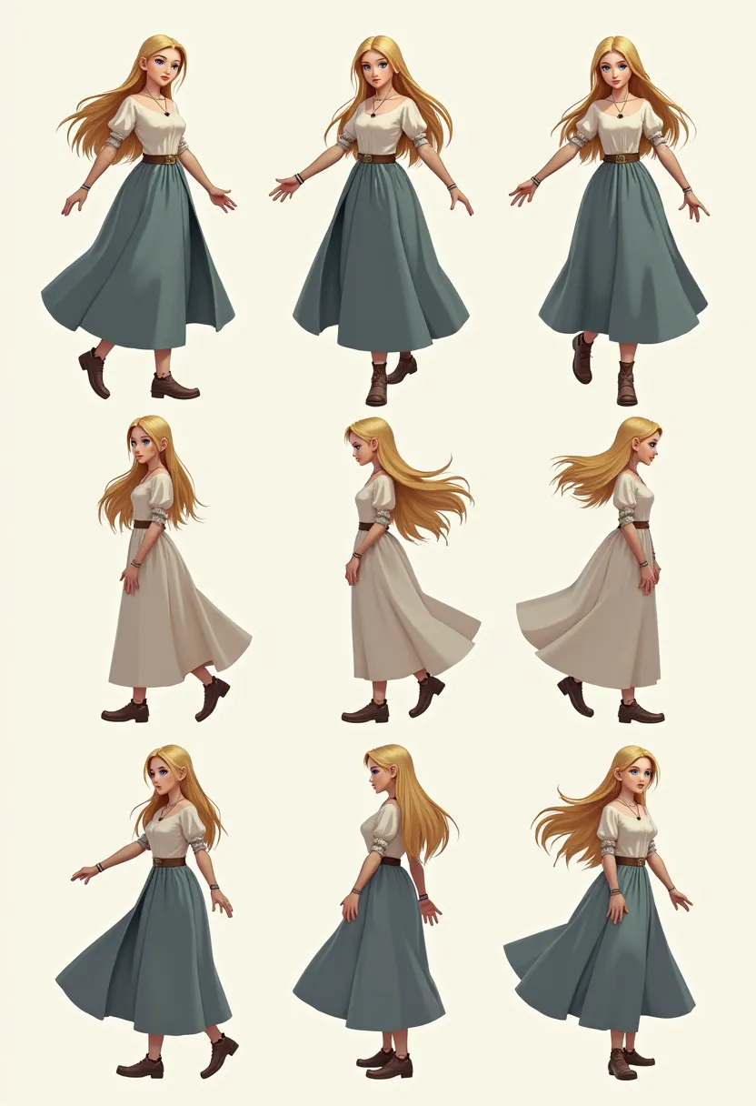 Create a sprite sheet for character animations that includes frames for movement, Running with maximum frames to make the movement fluid. But the character is a blue-eyed blonde in medieval clothing with a long skirt