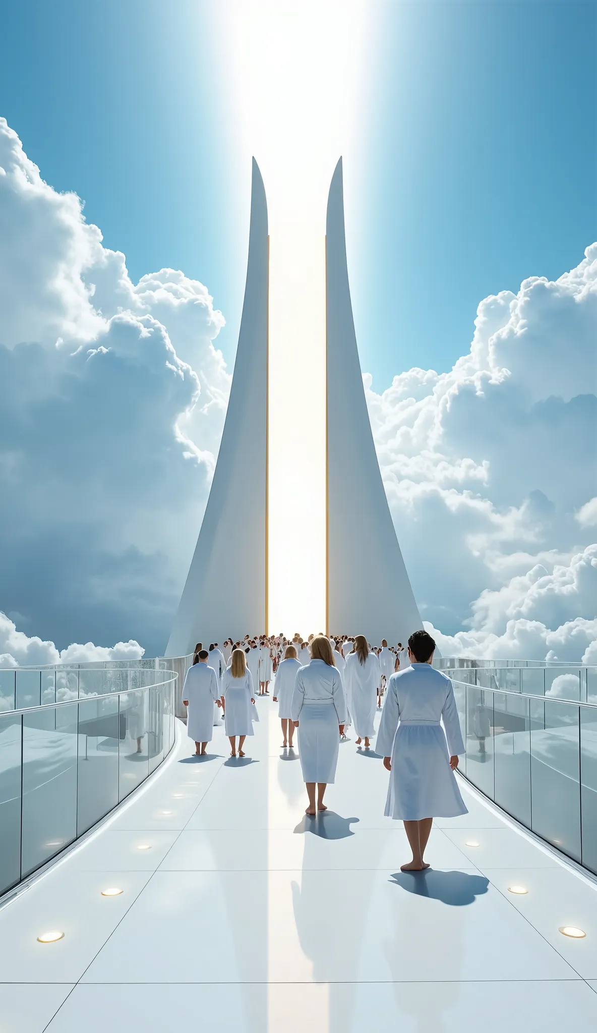 A breathtaking, hyper-realistic scene of a modern, celestial pathway suspended in the sky, curving gently to the right, leading to a towering, luminous golden and white entrance. The pathway is sleek and pristine, with embedded floor lights and transparent...