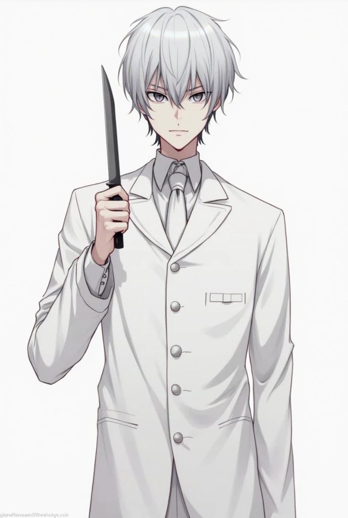 Male anime character with white school uniform, gray emotionless eyes, gray hair, and a knife in a hand