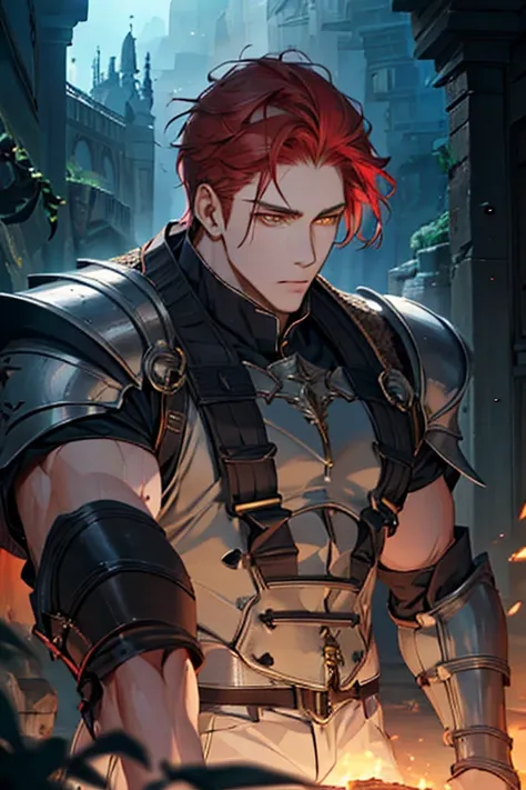 male, red hair, short hair, muscle, yellow eyes, big guy, gauntlet, photorealistic, 8K, highly detailed, muscular male with short red hair, piercing yellow eyes, and a large physique, wearing a powerful gauntlet, dynamic pose, cinematic lighting, technolog...