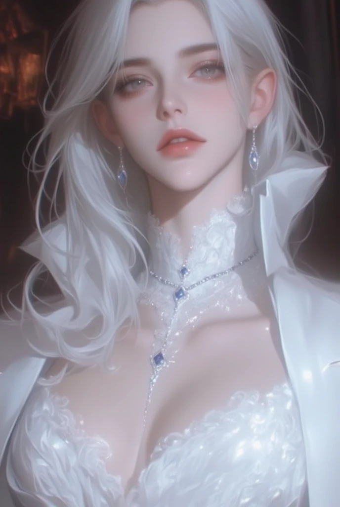 A gorgeous white dress that covers the feet. The upper body is white, and the color changes to #e1e0ff in a gradient from the waist down.
White hair, but the shadow part is #dee9fd. Long hair with light waves that go down to the waist. Only the left side h...