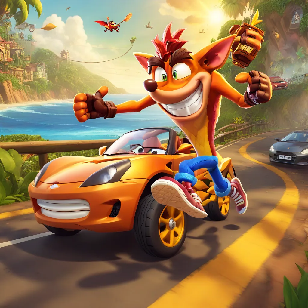 Crash Bandicoot driving a sport car