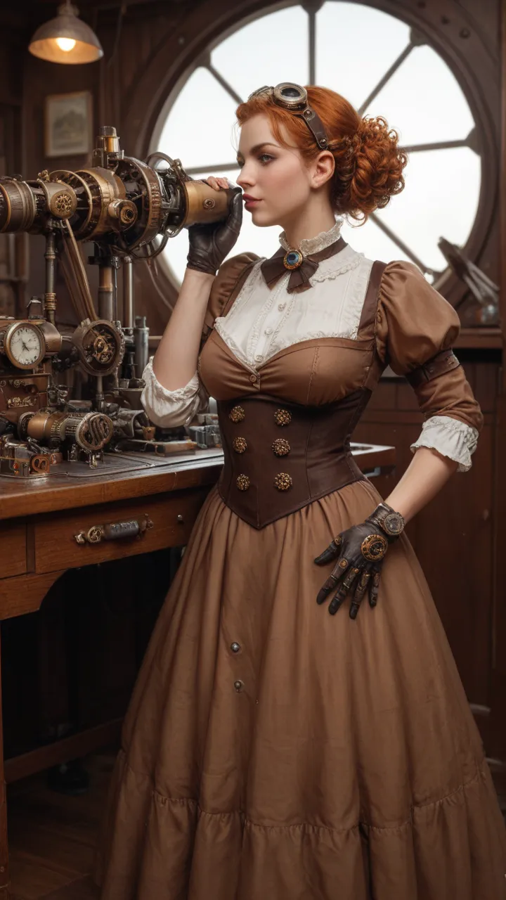 
2. Steampunk Inventor – A genius age girl with curly auburn hair, wearing brass goggles and a Victorian-era mechanic’s outfit. She stands in a cluttered workshop filled with intricate gears, mechanical owls, and a half-built steampunk airship. Smoke and s...