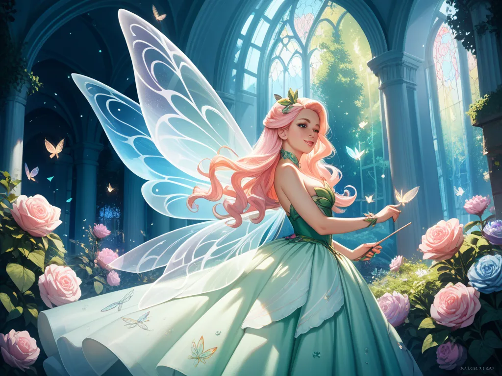 A beautiful fairy-like woman as shown in the reference image　 I have long hair　Pastel colors give an ephemeral impression