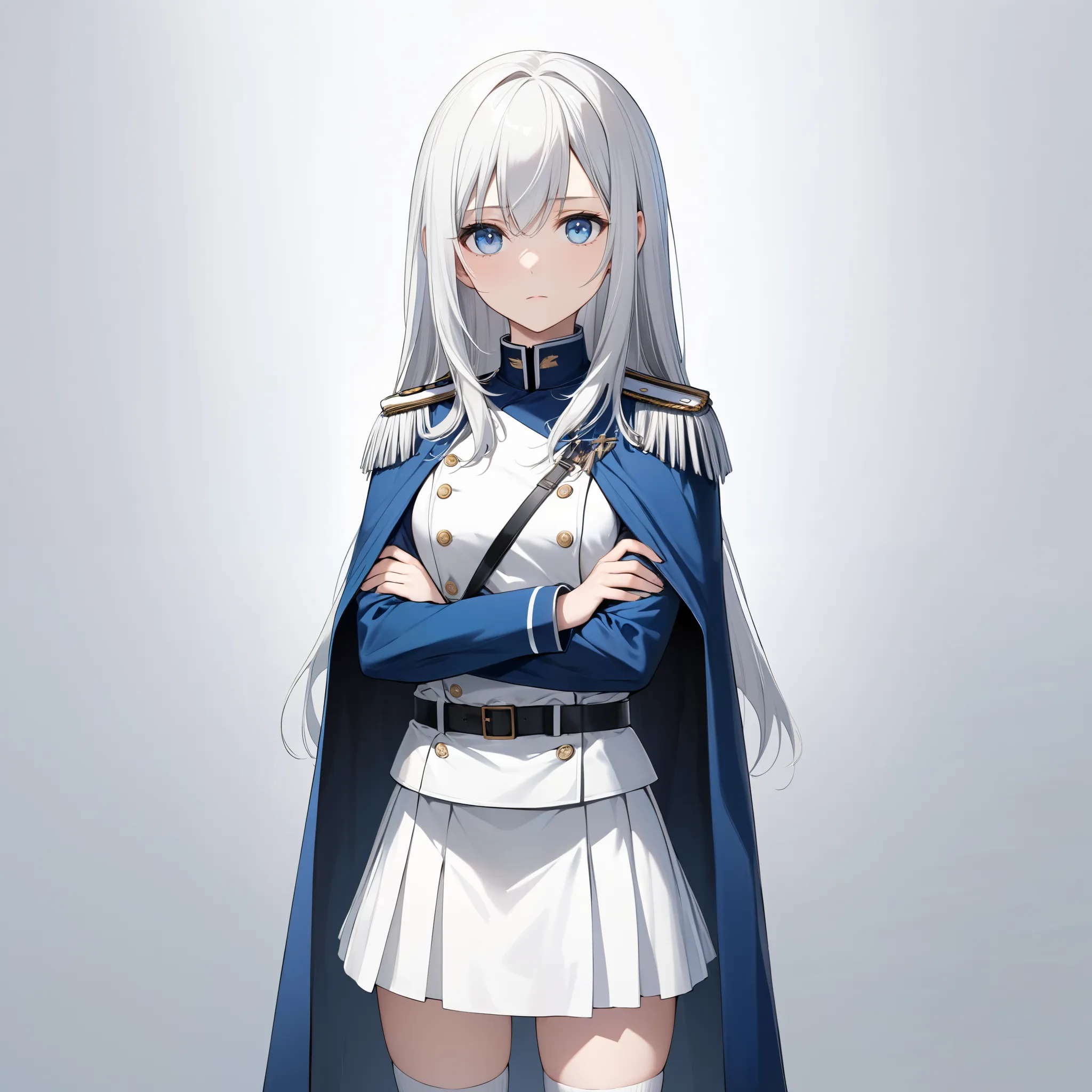 High resolution, high quality, HD, beautiful female, 1 female, beautiful, ager, expressionless, kuudere, medium breasts, long straight hair, silver hair, white hair, blue eyes, white military uniform with a cape, white skirt, short skirt, knee high socks, ...