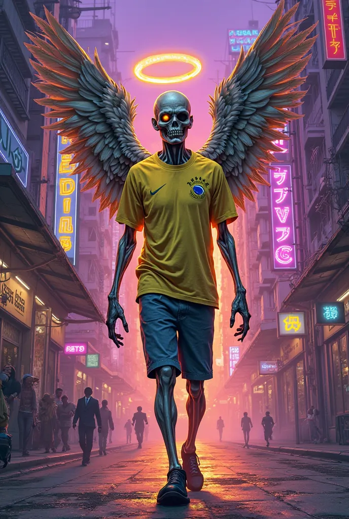 Create a comic-style image of a zombie with wings and an angel halo walking down a street. Wearing a yellow t-shirt from the Brazilian football team. The image must have vivid colors. The background must be purple and orange. With neon lights.