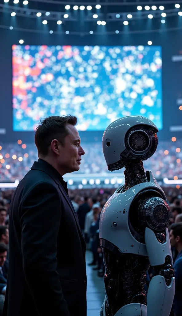 Background: A high-tech arena with a massive LED screen displaying AI-generated rap lyrics.
Action: Elon Musk, faces off against a humanoid AI rapper, with each dropping futuristic bars. The crowd (robots and humans) reacts with holographic "🔥" emojis.