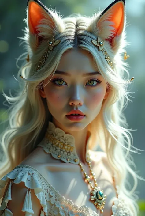 (photorealism:1.2), beautiful woman, fox god cat