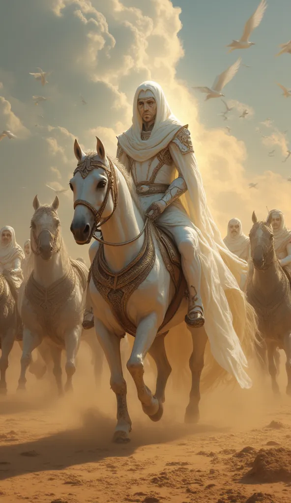 A realistic and dramatic digital painting of arabian cyborg warrior riding a white horse, leading his followers. His face is obscured by a bright, radiant light, symbolizing his spiritual significance. He wears pure white garments and his posture exudes le...