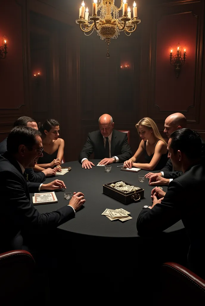 Create a place where gorgeous people sit at a round black table with a black tablecloth and play mafia. Gangster accessories on the table, money , iron suitcase of money, cigars 