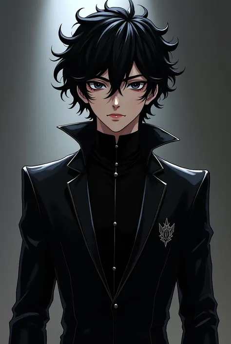 Anime epic dark style shows Ashura a beautiful man in a metallic black suit he has curly black hair and black eyes he looks like a woman but he is a man he is more beautiful than any woman shown in great detail 