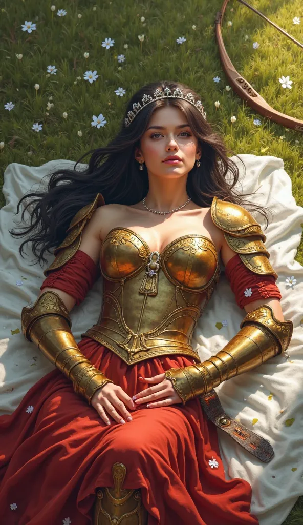 Image is a digital artwork depicting a fantasy scene with a female warrior lying on a grassy field. The style is highly detailed and realistic, with a focus on vibrant colors and intricate textures. The woman has fair skin and long dark hair, adorned with ...