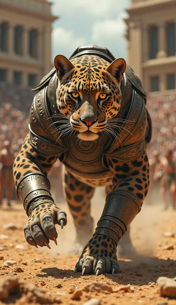 realistic Jaguar as gladiator in arena with armor and claws