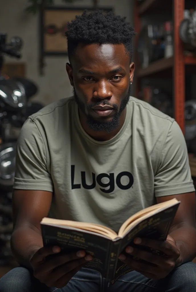 A black man who reading motorcycle and his t shirt written lugo logo