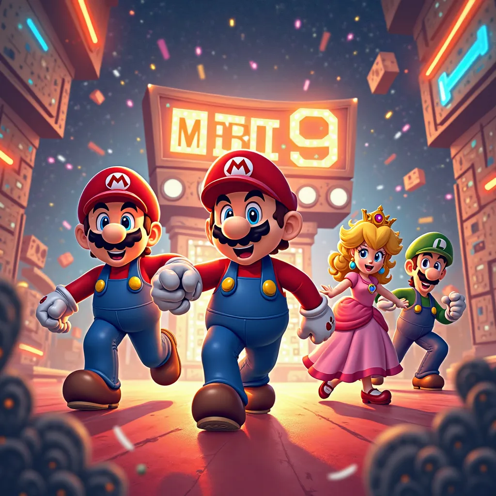 An energetic, anime-style illustration that exudes urgency and excitement, featuring iconic Mario Bros characters. The scene is set in a vibrant, modern environment with a festive atmosphere. In the foreground, Mario, Luigi, and Princess Peach are shown in...