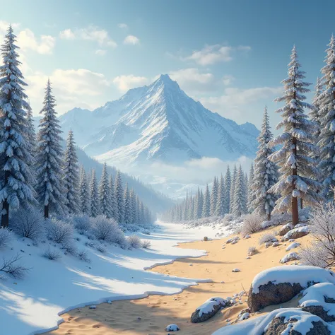 art, divided into two parts: the first is the snow-covered coniferous taiga, the second is the sandy desert, high detail, realistic 4K visualization, detailed textures,  dynamic lighting, photorealistic, rich colors, deep perspective,  Majestic mountains, ...