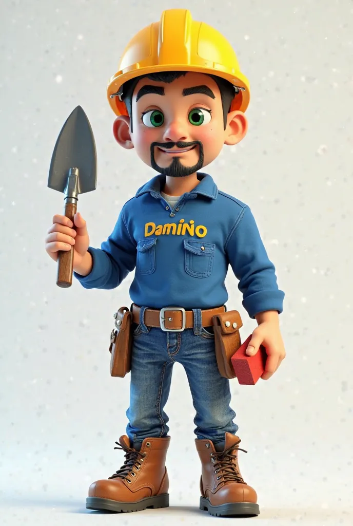 Ultra-realistic 3D rendering of a construction worker mascot named 'Damião'. He wears a durable blue long-sleeve shirt with his name 'Damião' embroidered on the chest, paired with rugged blue jeans. He has a well-groomed goatee and striking green eyes. He ...